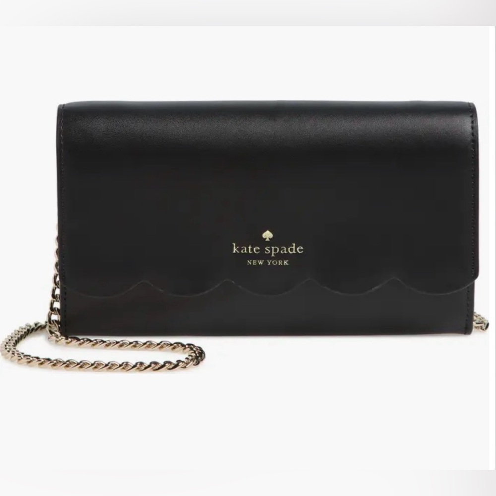 Kate Spade New York Gemma  Black Scallop-Edge Leather Clutch/ Wallet on Chain - Picture 2 of 10